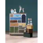 Atölye Kiraz cadence akrilik florasan boya ile yenilenmiş vintage çok çekmeceli dekoratif ahşap dolap ve hobi objeleri