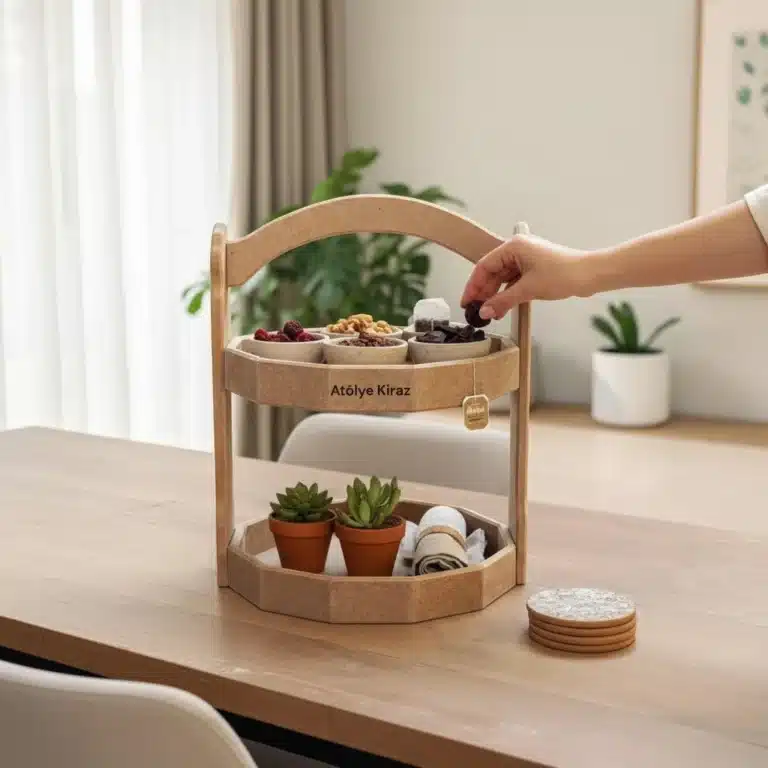 İki Katlı Ikramlık Standı Kahve Sunumluk Ahşap Boyama Lifestyle Kullanımı Atölye Kiraz
