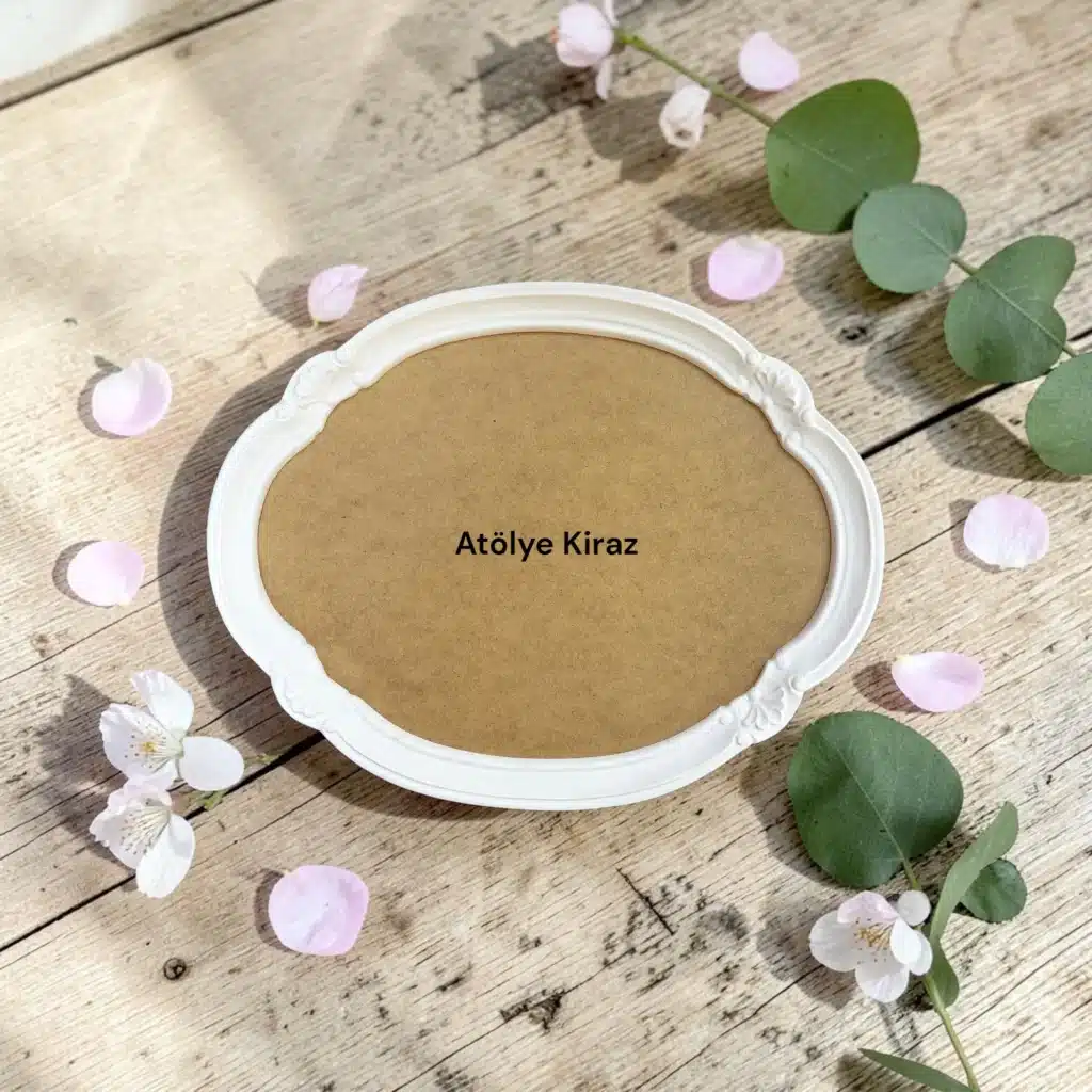 Polyester aplikli oval ahşap tepsi boyanabilir dekoratif sunumluk