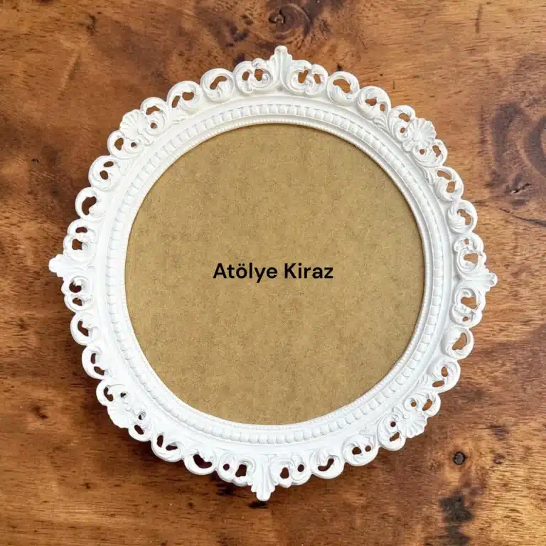 Polyester Aplikli Yuvarlak Ahşap Tepsi Boyanabilir Sunumluk Ham Obje