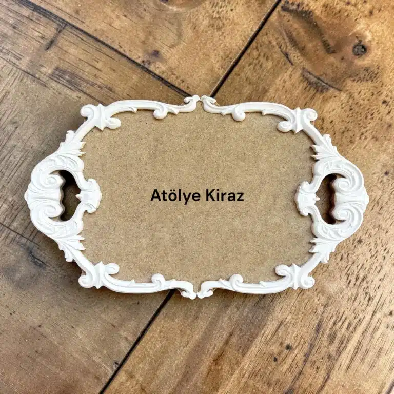 Polyester Aplikli Barok Formlu Ahşap Tepsi Boyanabilir Küçük Kahve Sunumluğu