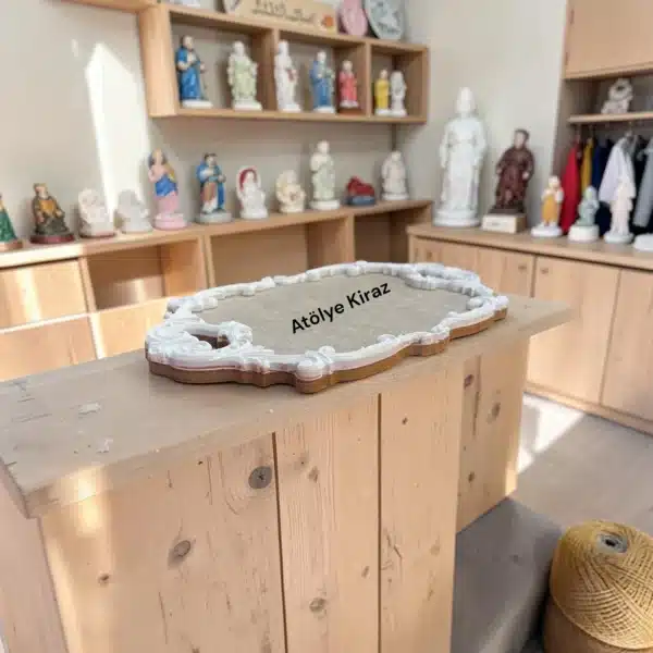 Barok Kesim Ahşap Kahve Tepsisi Ham Mdf Polyester Aplikli Zemin