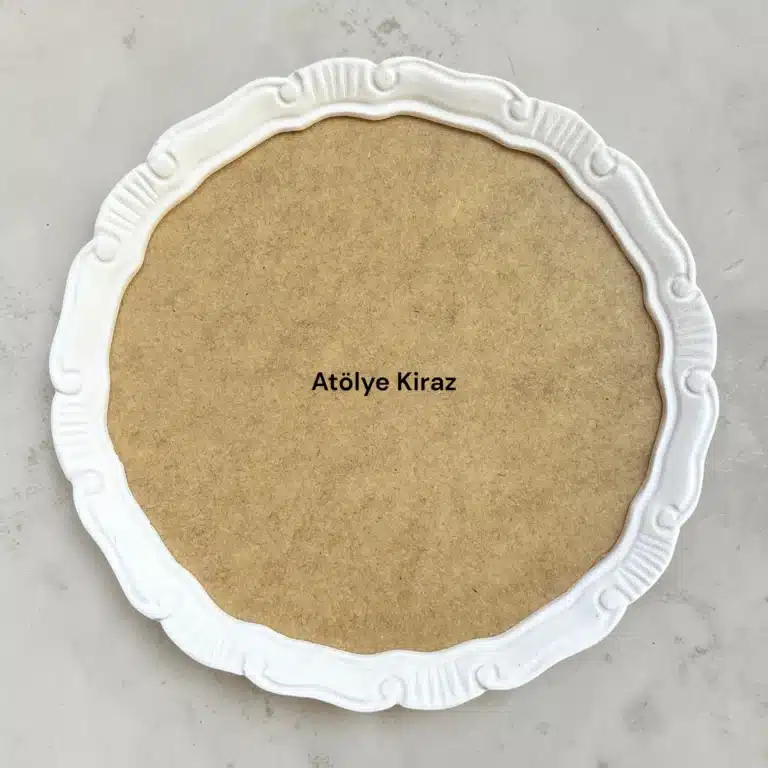 Polyester Aplikli Dilimli Yuvarlak Ahşap Tepsi Boyanabilir Sunumluk Zemin