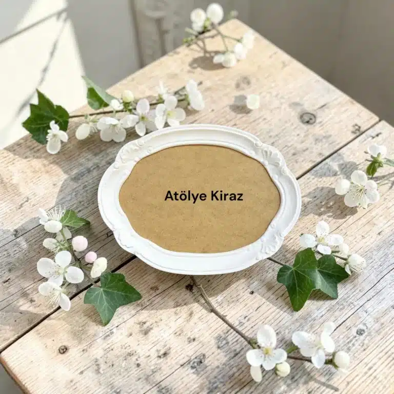 Polyester Aplikli Kıvrımlı Oval Ahşap Tepsi Boyanabilir Sunumluk Ham Obje