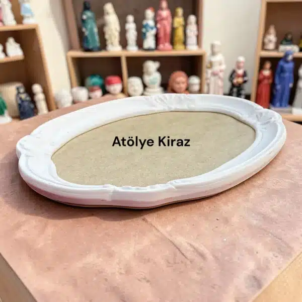 Kıvrımlı Oval Ahşap Sunum Tepsisi Ham Mdf Polyester Aplikli Zemin