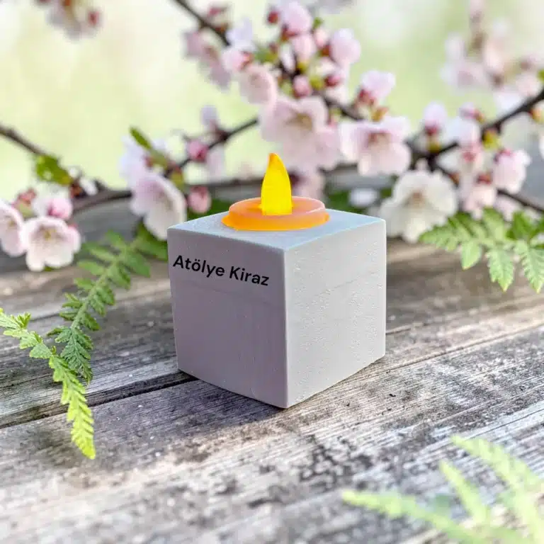 Atölye Kiraz Ham Taş Tozu Boyanabilir Küp Tealight Mumluk Bahçe Konsepti Çiçek Açmış Bahar Dalları