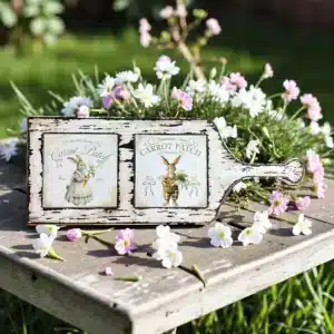 Vintage Tavşan Temalı İki Karolu Ahşap Sunumluk: Baharın Neşesi Sofralarınızda