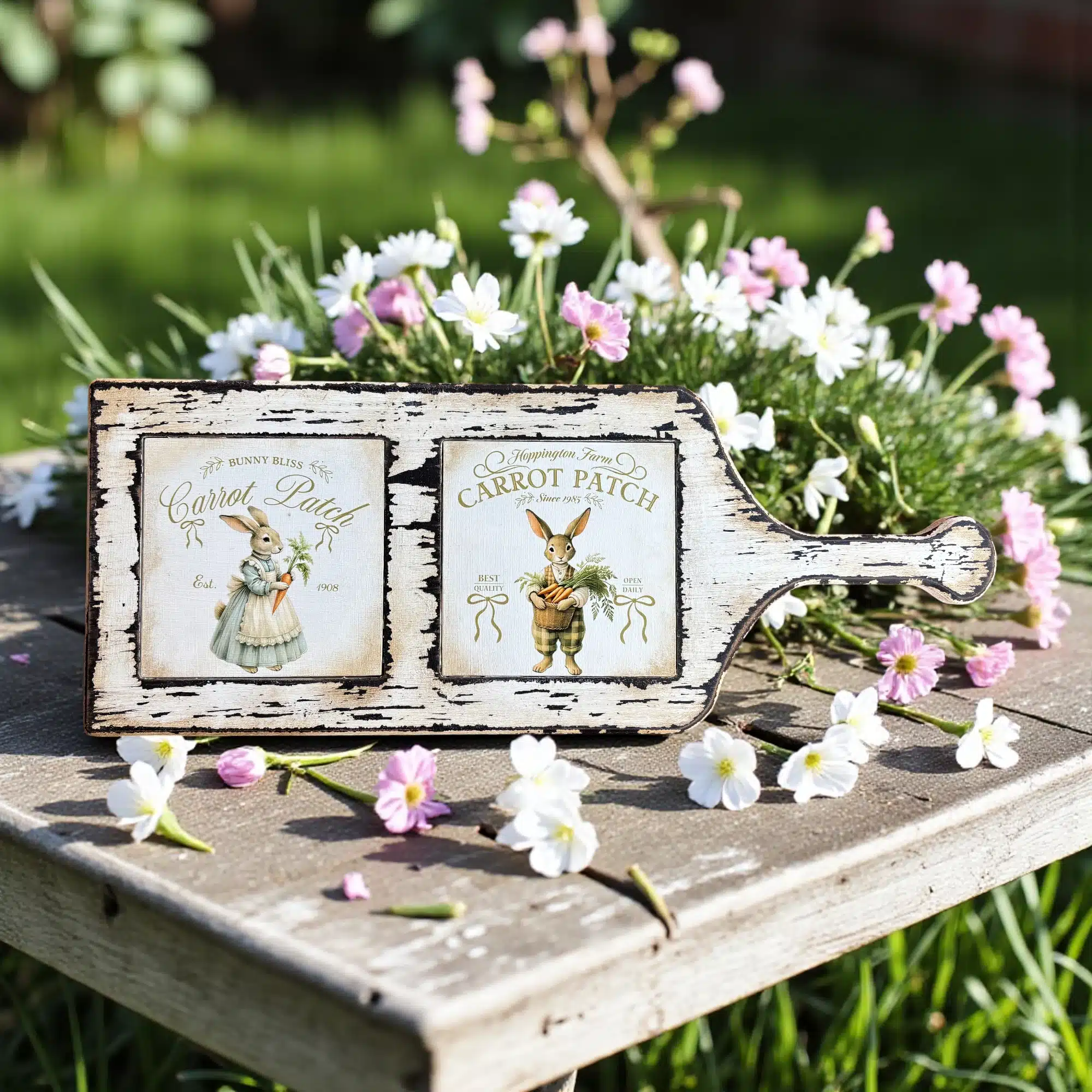 Vintage Tavşan Temalı İki Karolu Ahşap Sunumluk: Baharın Neşesi Sofralarınızda