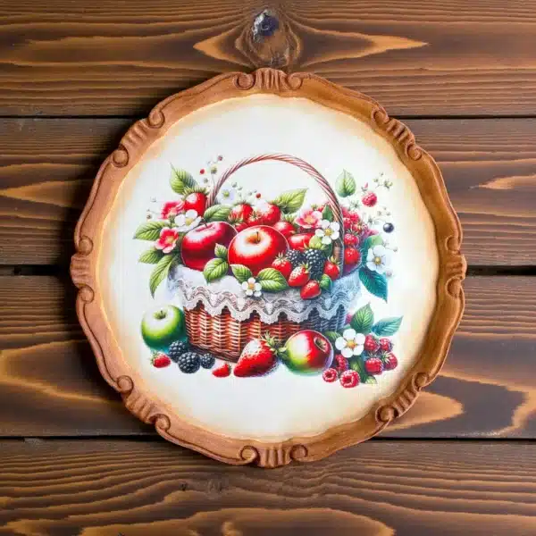 Meyve Sepeti Desenli Dekoratif Polyester Tabak: Evinize Doğanın Bereketini Taşıyın