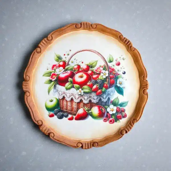 Meyve Sepeti Desenli Dekoratif Polyester Tabak: Evinize Doğanın Bereketini Taşıyın