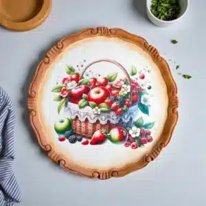 Meyve Sepeti Desenli Dekoratif Polyester Tabak: Evinize Doğanın Bereketini Taşıyın