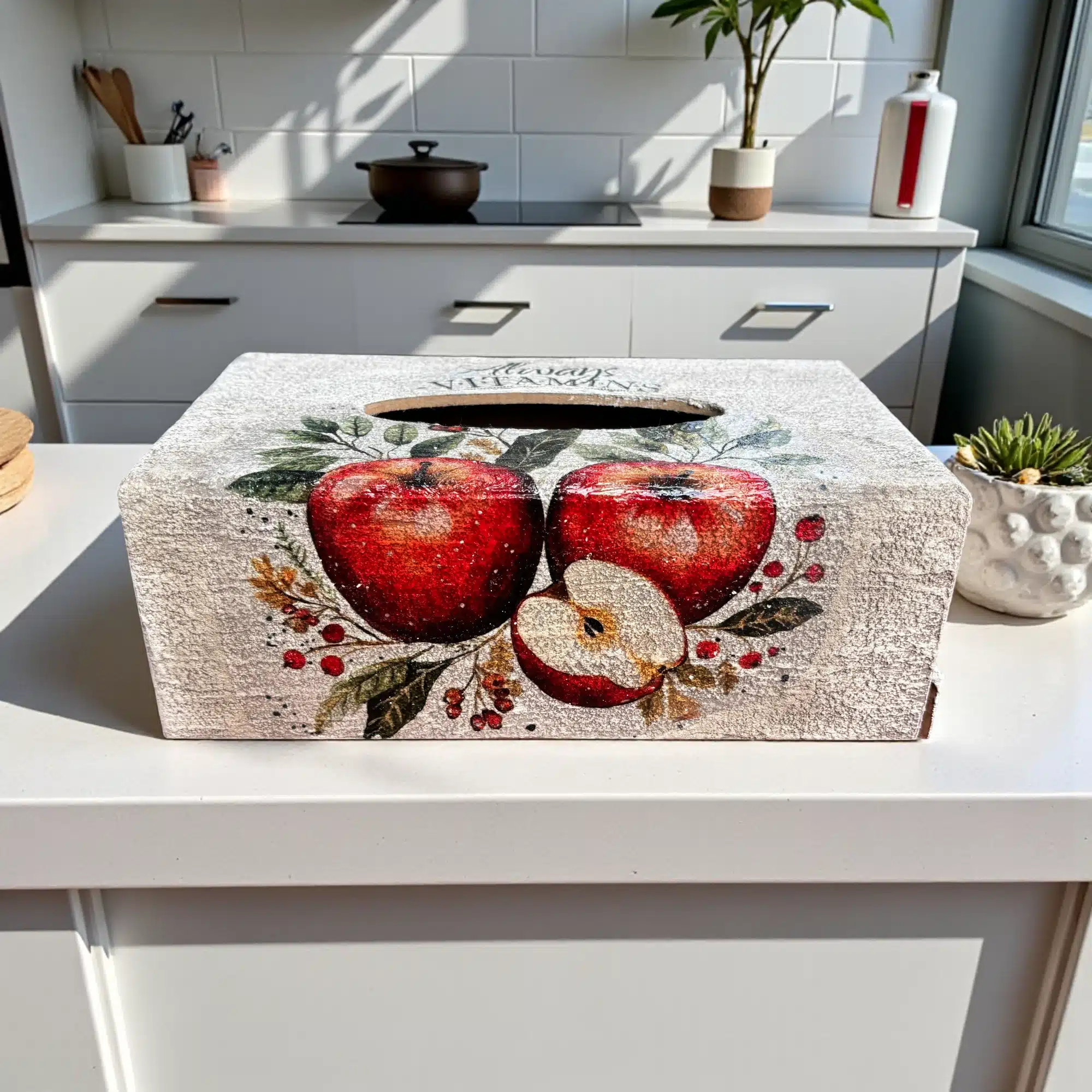 Vintage Elma Desenli Ahşap Peçetelik: Mutfağınızda Doğal ve Rustik Bir Dokunuş