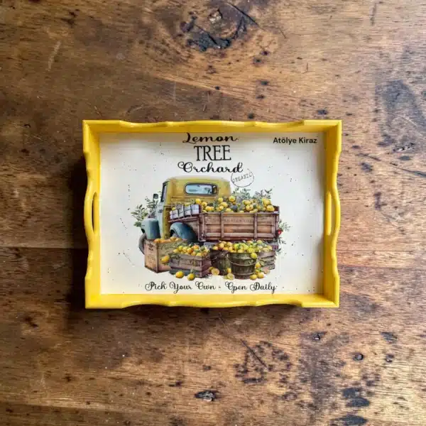 Dekoratif Ahşap Tepsi Vintage Limon Kamyoneti Deseni Rub On Transfer Atölye Kiraz