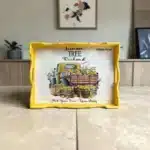 El yapımı boyanmış ahşap tepsi sarı limon desenli özlem hoca tasarımı