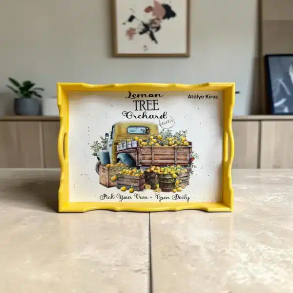 El Yapımı Boyanmış Ahşap Tepsi Sarı Limon Desenli Özlem Hoca Tasarımı