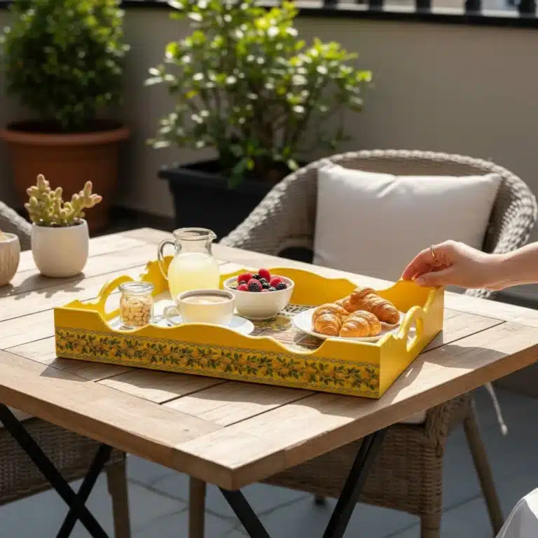 Limon Desenli Ahşap Kahvaltı Tepsisi Balkon Konsepti Kruvasan Ve Kahve Sunumu