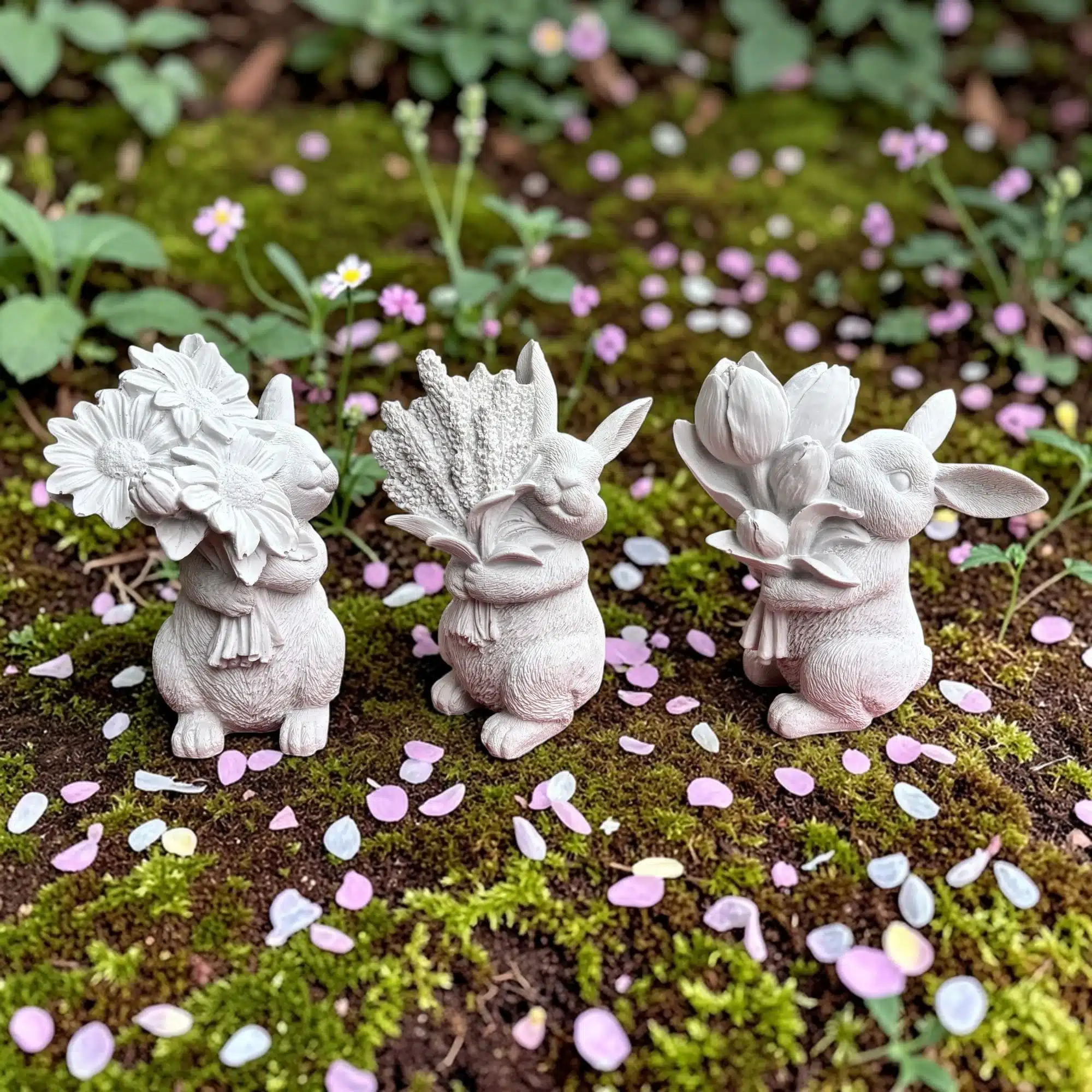 Üçlü Çiçekli Tavşan Takımı: Dekoratif Heykel Seti 1 Üçlü Çiçekli Tavşan Takımı: Dekoratif Heykel Seti