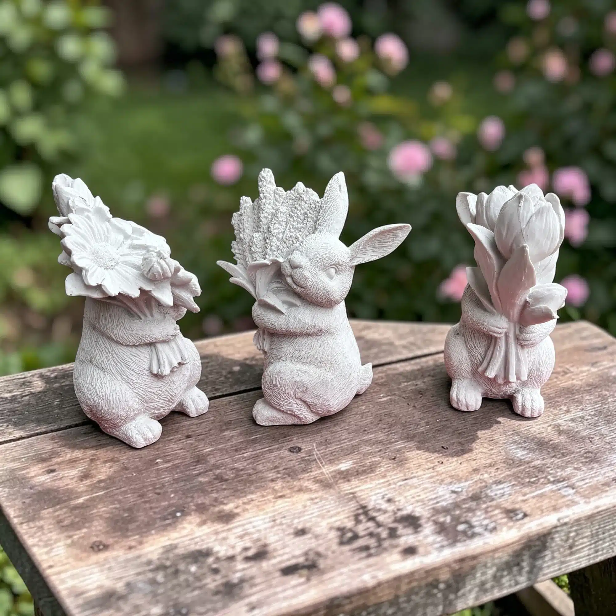 Üçlü Çiçekli Tavşan Takımı: Dekoratif Heykel Seti 5 Üçlü Çiçekli Tavşan Takımı: Dekoratif Heykel Seti