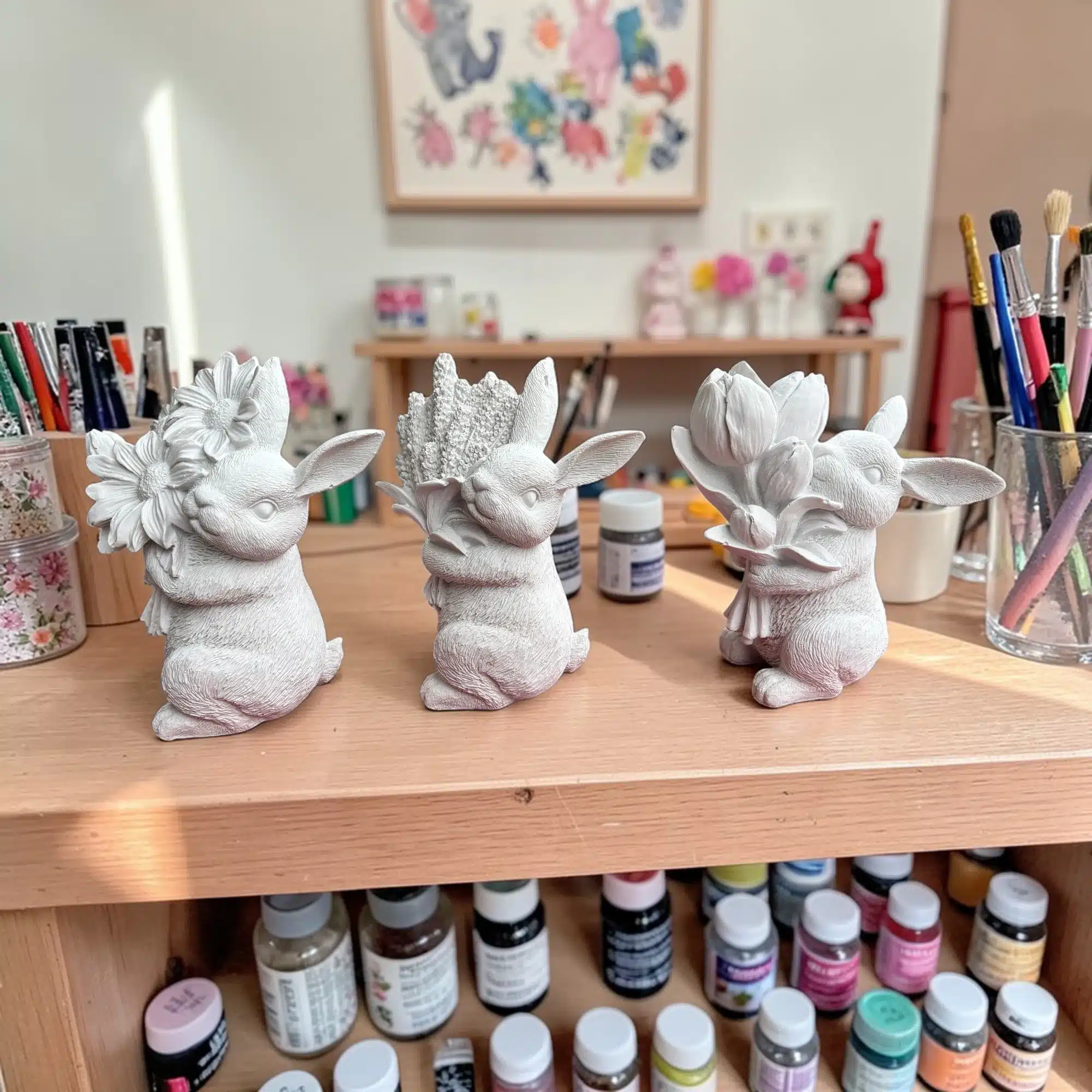 Üçlü Çiçekli Tavşan Takımı: Dekoratif Heykel Seti 4 Üçlü Çiçekli Tavşan Takımı: Dekoratif Heykel Seti