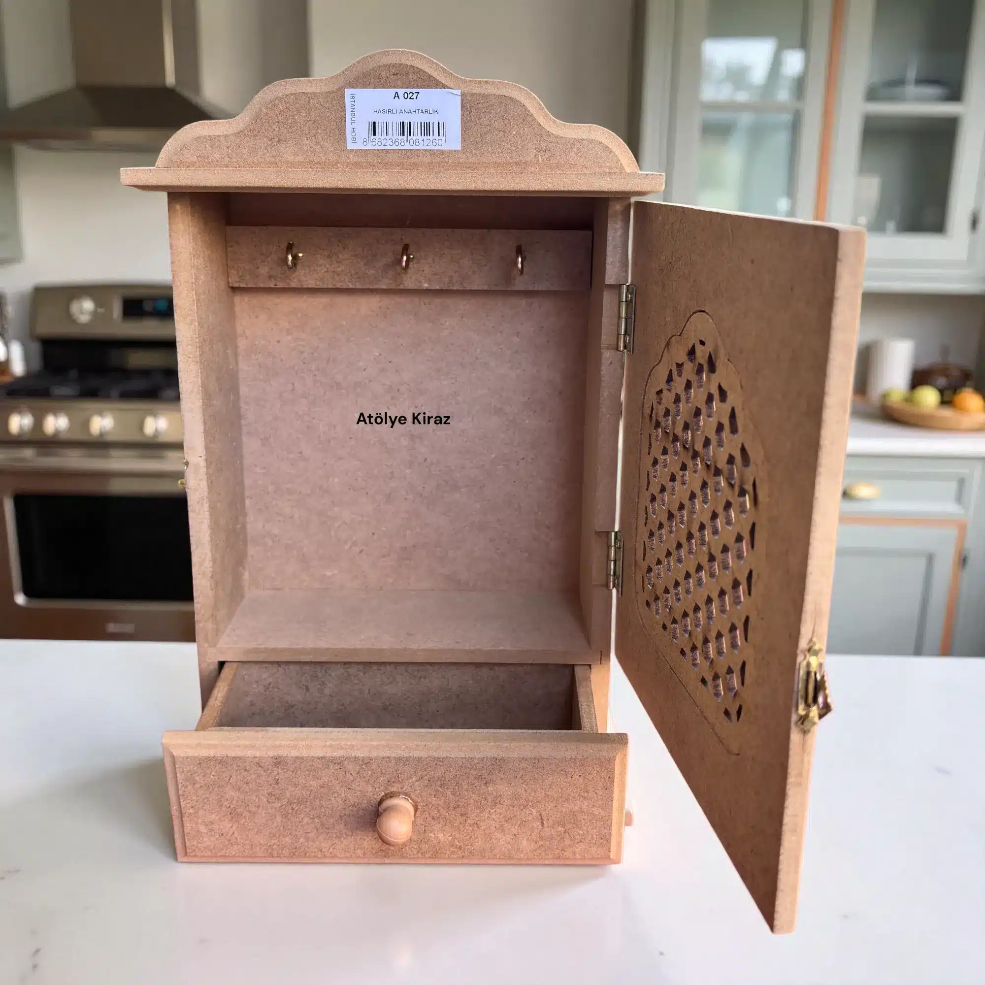 Ham Ahşap Anahtar Askısı (Anahtarlık) | Boyanabilir Duvar Dekoru | 27x22x8 cm | A027 4 Ham Ahşap Anahtar Askısı | Boyanabilir Duvar Dekoru