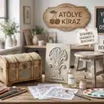 Atölye Kiraz dekoratif boyama kursu İstanbul eğitimleri için hazırlanan ahşap objeler, akrilik boyalar ve fırçalarla dolu sanat atölyesi masası