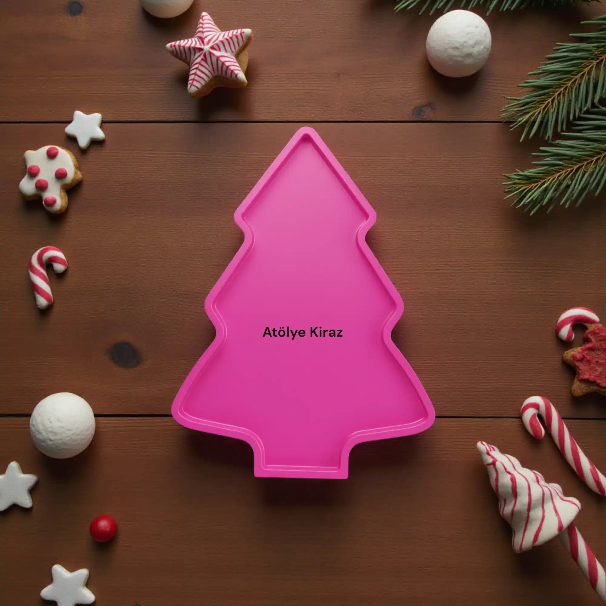 Çam Figürlü Tabak : Çok Amaçlı Yılbaşı Sunum Tepsisi 2 Pembe Çam Figürlü Tabak