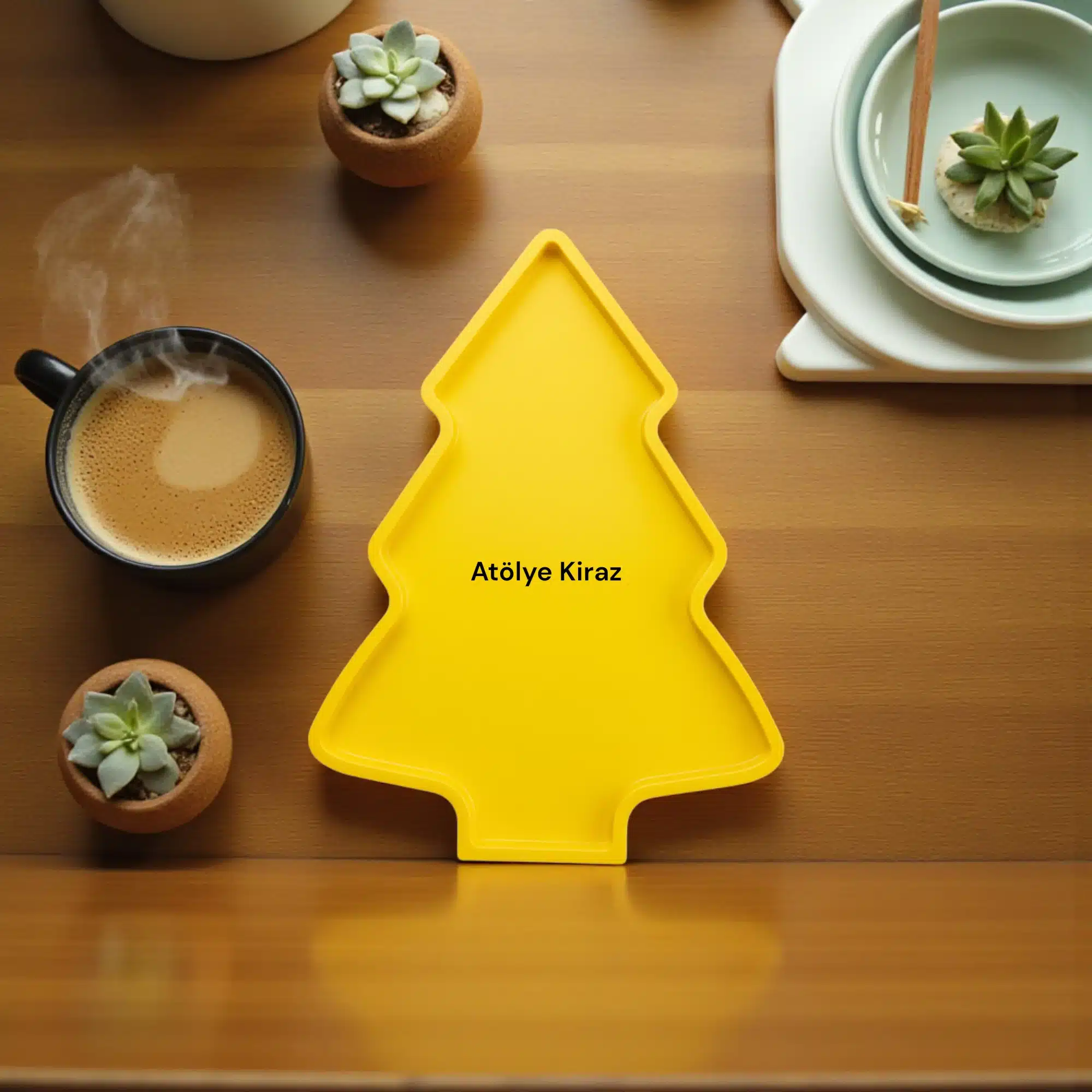 Çam Figürlü Tabak : Çok Amaçlı Yılbaşı Sunum Tepsisi 5 Sarı Çam Figürlü Tabak