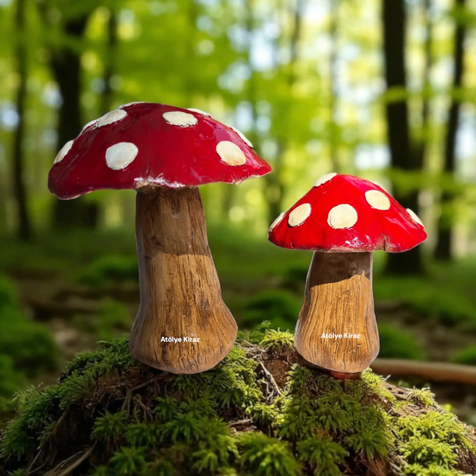 Dekoratif Boyanmış İkili Mantar Obje – Kırmızı Beyaz Noktalı | Dekoratif Figür 2 Dekoratif Boyanmış İkili Mantar Obje