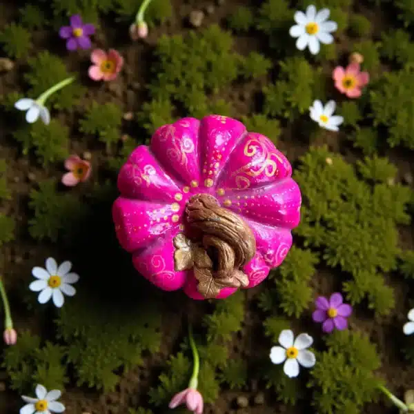 Mandala Desenli Kabak Heykeli : Pembe - Altın El Boyaması Sonbahar Dekoru