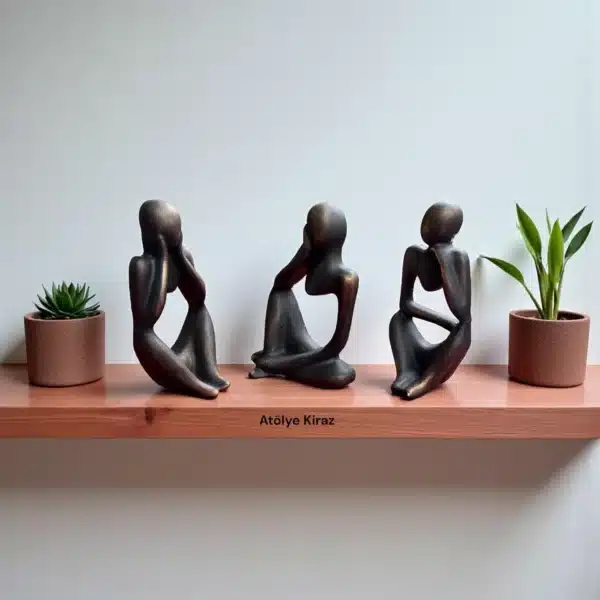 Üçlü Düşünen Adam Heykel Seti : Eskitme Bronz Meditasyon Dekoru