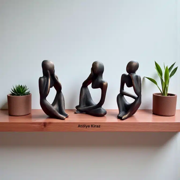 Üçlü Düşünen Adam Heykel Seti : Eskitme Bronz Meditasyon Dekoru