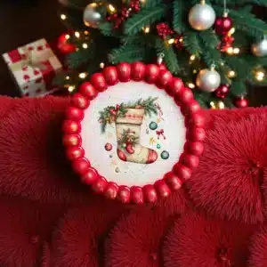 Boncuklu Yılbaşı Tabak : Yılbaşı Çorabı Desenli Dekoratif Ev Dekoru