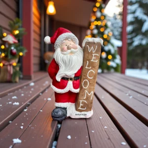 Welcome Levhası Tutan Noel Baba Heykeli : El Boyaması Yılbaşı Dekoru