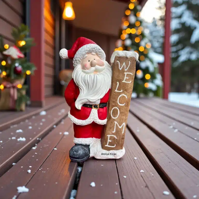 Welcome Levhası Tutan Noel Baba Heykeli : El Boyaması Yılbaşı Dekoru