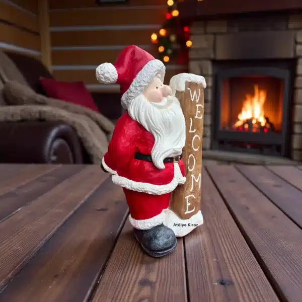 Welcome Levhası Tutan Noel Baba Heykeli : El Boyaması Yılbaşı Dekoru