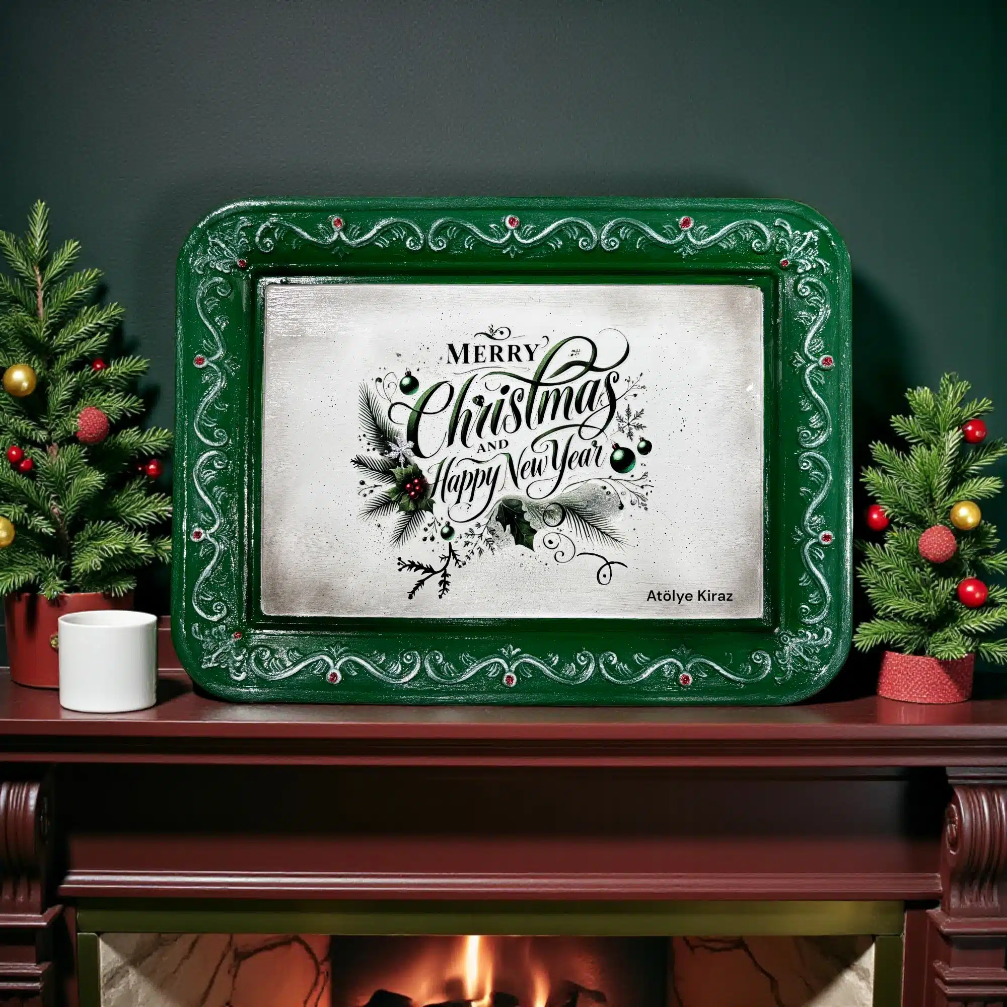 Aplikli Ahşap Yılbaşı Tepsisi: Dekoratif Yılbaşı Dekoru 2 Aplikli Ahşap Yılbaşı Tepsisi - Merry Christmas Temalı Yeşil Vintage Sunum