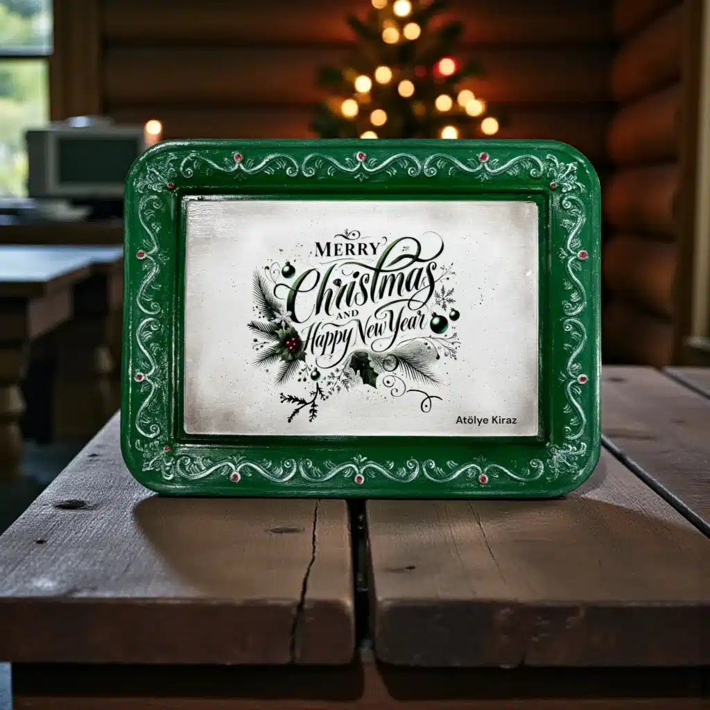 Aplikli Ahşap Yılbaşı Tepsisi - Merry Christmas Temalı Yeşil Vintage Sunum