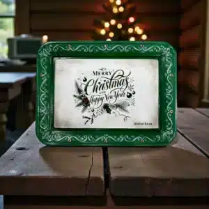 Aplikli Ahşap Yılbaşı Tepsisi - Merry Christmas Temalı Yeşil Vintage Sunum