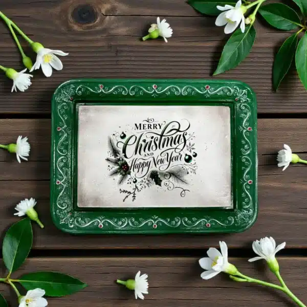 Aplikli Ahşap Yılbaşı Tepsisi - Merry Christmas Temalı Yeşil Vintage Sunum