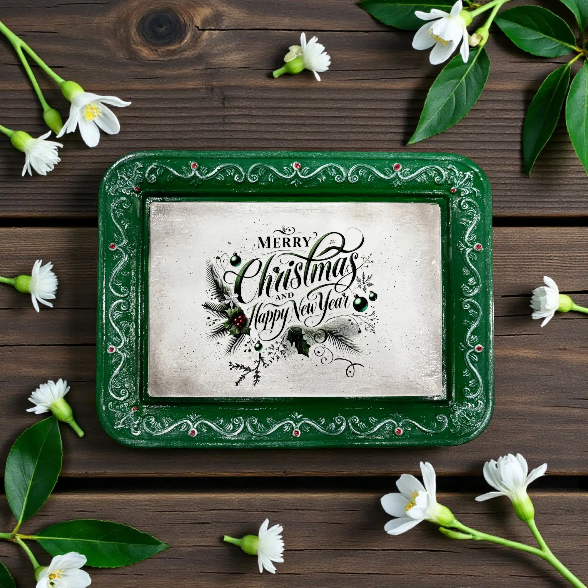 Aplikli Ahşap Yılbaşı Tepsisi: Dekoratif Yılbaşı Dekoru 3 Aplikli Ahşap Yılbaşı Tepsisi - Merry Christmas Temalı Yeşil Vintage Sunum