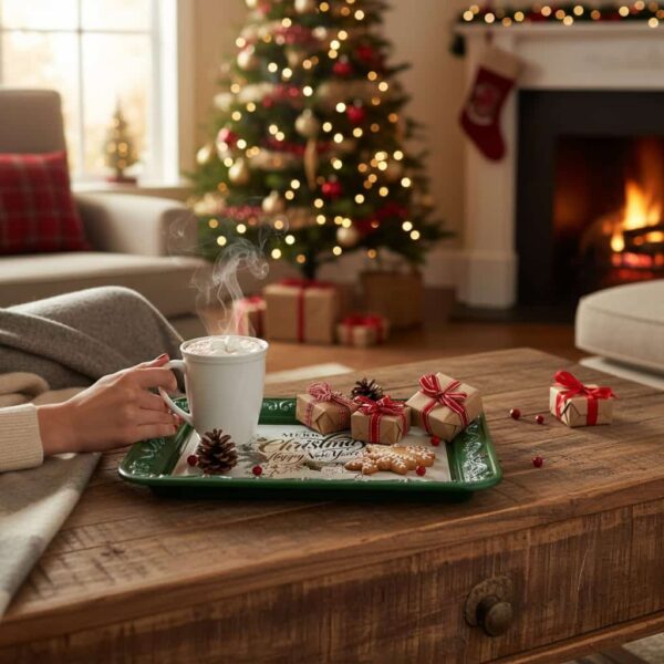 Aplikli Ahşap Yılbaşı Tepsisi - Merry Christmas Temalı Yeşil Vintage Sunum