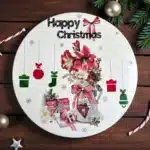 Happy Christmas Temalı Ayaklı Ahşap Sunumluk-Yılbaşı Desenli Yuvarlak Tepsi