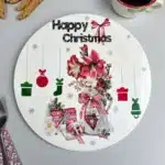 Happy Christmas Temalı Ayaklı Ahşap Sunumluk-Yılbaşı Desenli Yuvarlak Tepsi