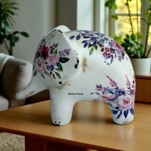 Dekoratif Boyanmış Çiçek Desenli Seramik Fil Biblo - 10x17x12,5 cm | Dekoratif Obje 17 Dekoratif Fil Biblo