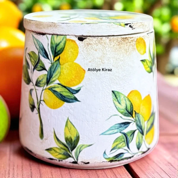 Dekoreli Taş Tozu Saklama Kabı : Limon Desenli El Boyaması Kutu - (9x9x8,5 cm) - Görsel 2