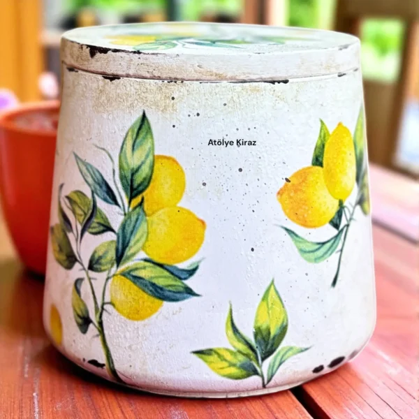 Dekoreli Taş Tozu Saklama Kabı : Limon Desenli El Boyaması Kutu - (9x9x8,5 cm) - Görsel 4