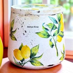 Dekoreli Taş Tozu Saklama Kabı : Limon Desenli El Boyaması Kutu - (9x9x8,5 cm) 6 dkr21 3 4