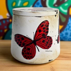 Kelebek Desenli Dekoratif Kutu – El Boyaması Kapaklı Kavanoz 9x9x8,5 cm 10 Kelebek Desenli Dekoratif Kutu