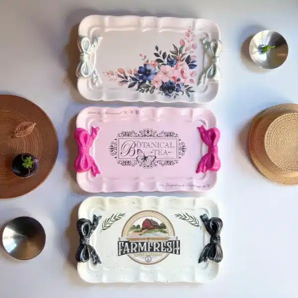 El Boyaması Fiyonklu Tepsi : Vintage Mini Servis Ve Takı Tepsisi- Dekorlanmış Çeşitler