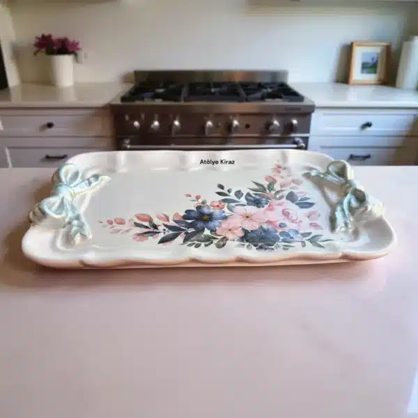 El Boyaması Fiyonklu Tepsi : Vintage Mini Servis Ve Takı Tepsisi- Çiçek Temalı